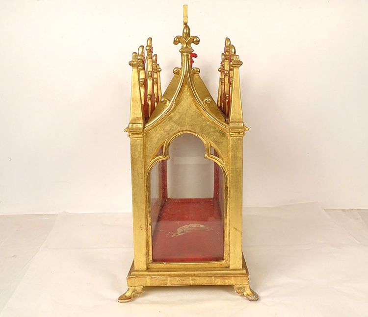 Châse Reliquaire Bois Doré Chapelle Gothique Saints Vincent Fleur Lys 19th century
