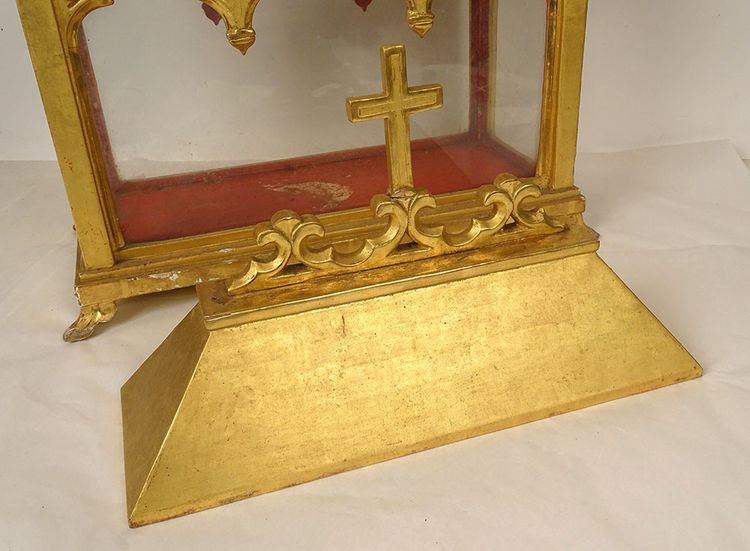 Châse Reliquaire Bois Doré Chapelle Gothique Saints Vincent Fleur Lys 19th century
