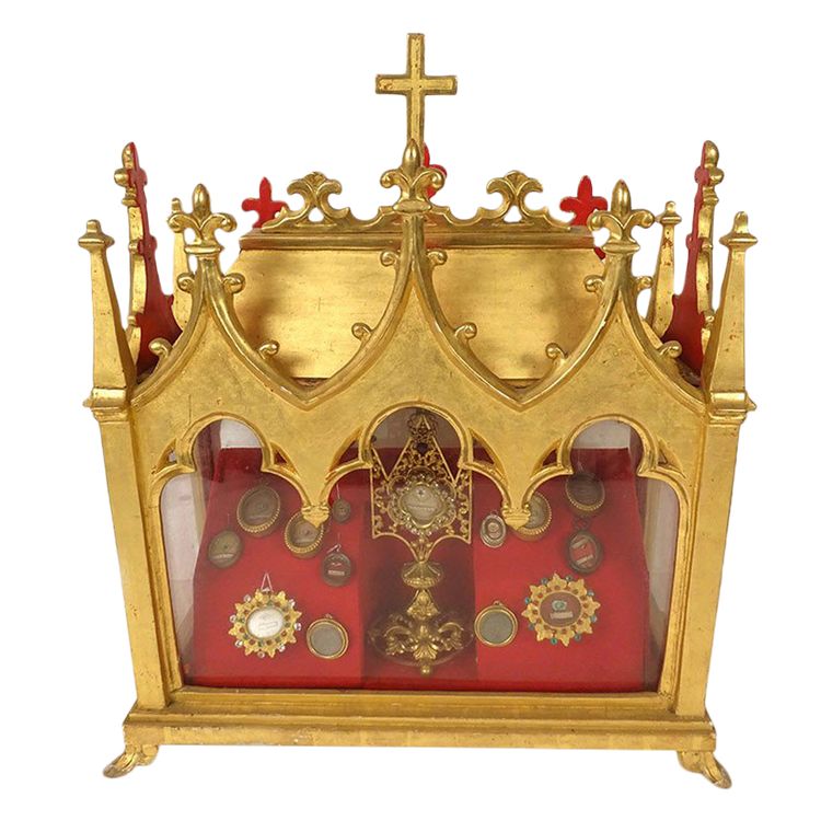 Châse Reliquaire Bois Doré Chapelle Gothique Saints Vincent Fleur Lys 19th century