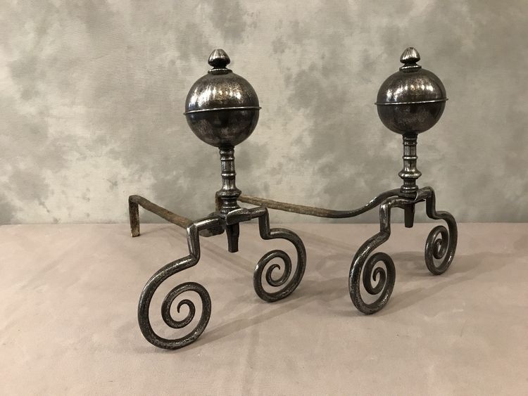Beautiful 18th century wrought iron andirons with large balls