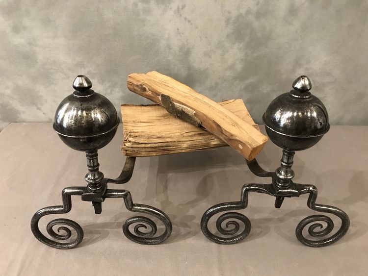Beautiful 18th century wrought iron andirons with large balls
