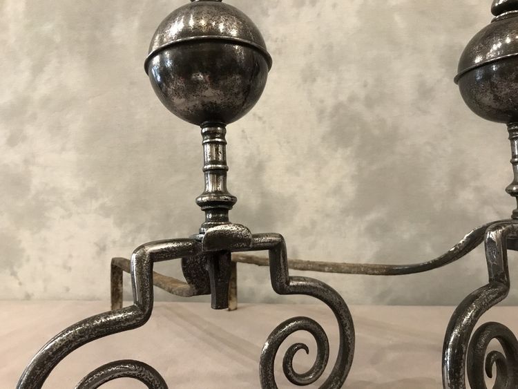 Beautiful 18th century wrought iron andirons with large balls