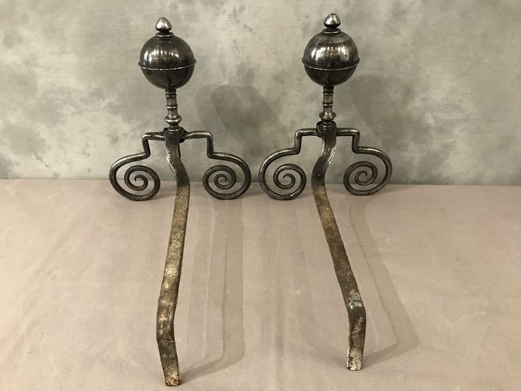 Beautiful 18th century wrought iron andirons with large balls