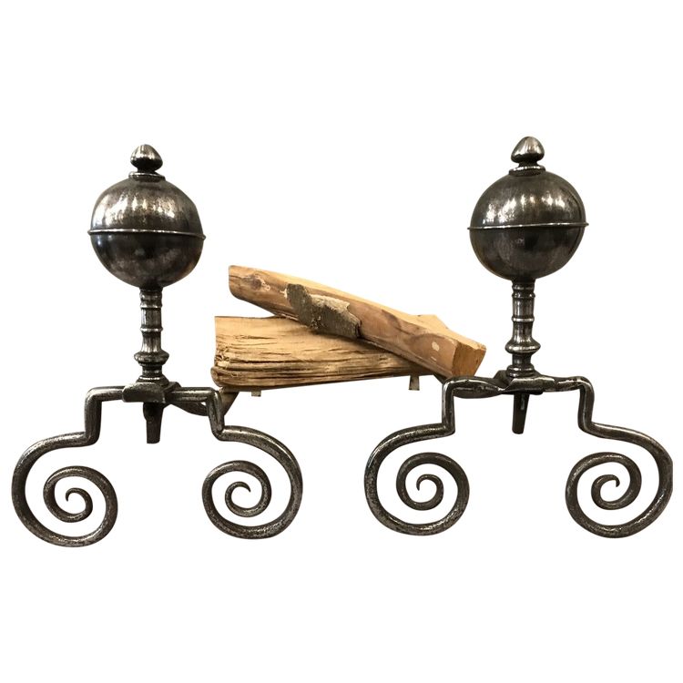 Beautiful 18th century wrought iron andirons with large balls