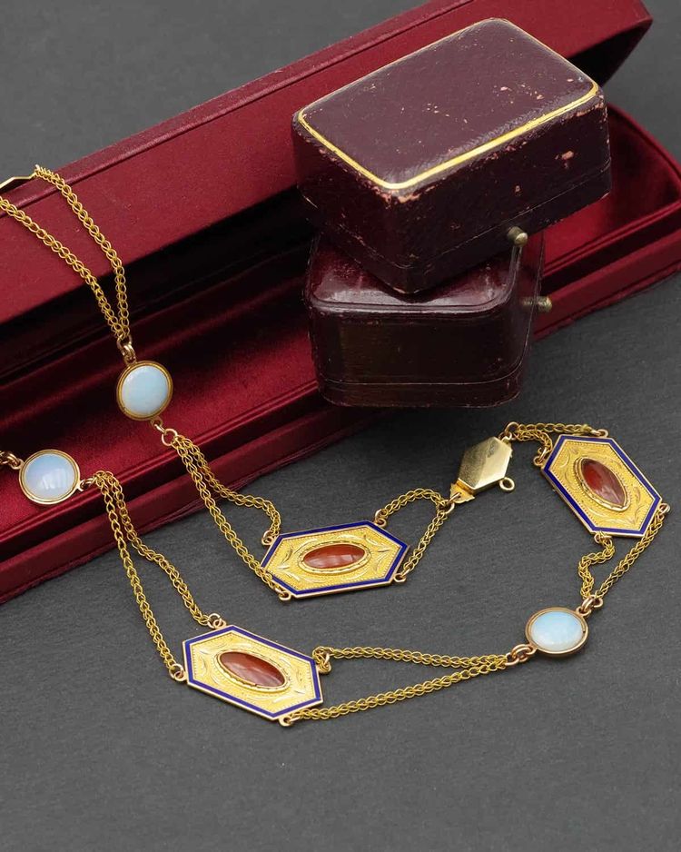 Collier draperie Premier Empire en or 18k, Collier ancien vers 1810, or émail, Bijou Ancien