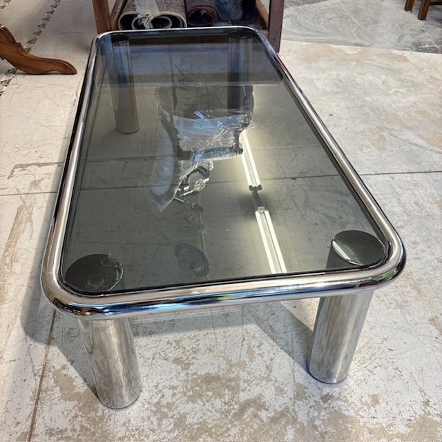 Smoking coffee table 1970s chrome and smoked glass - model Sesann Frattini for Cassina .mis120 x 60 x 3