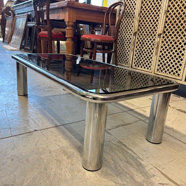 Smoking coffee table 1970s chrome and smoked glass - model Sesann Frattini for Cassina .mis120 x 60 x 3