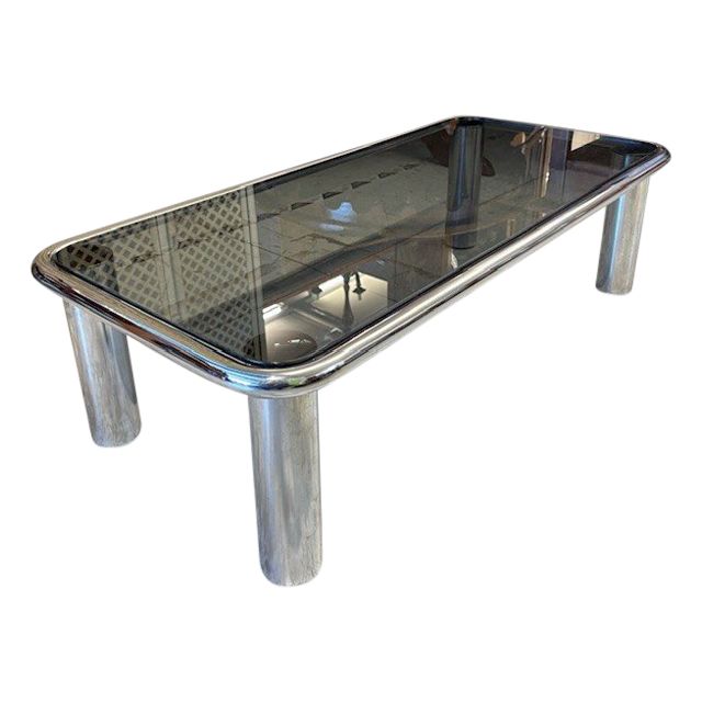 Smoking coffee table 1970s chrome and smoked glass - model Sesann Frattini for Cassina .mis120 x 60 x 3