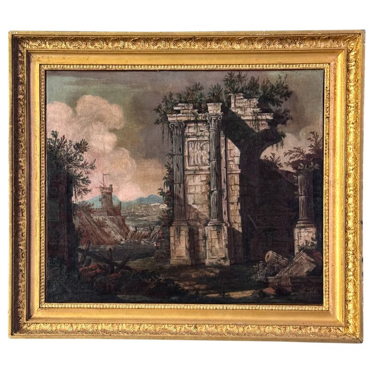 Architectural caprice with ancient ruins in grisaille - 18th century Italy