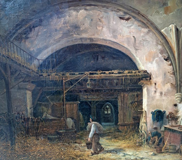 Eugène Ramade (1802-1890), Der junge Pferdepfleger im Stall, Öl