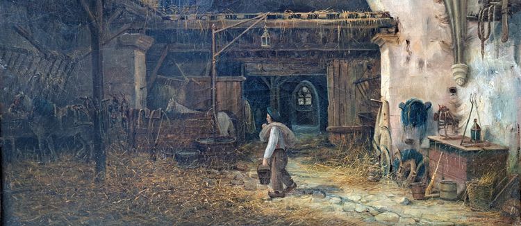 Eugène Ramade (1802-1890), Der junge Pferdepfleger im Stall, Öl