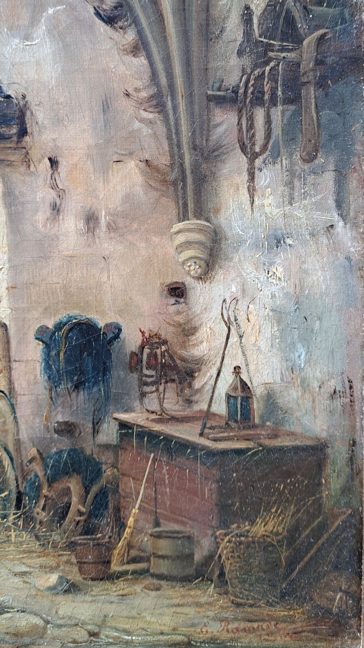 Eugène Ramade (1802-1890), Der junge Pferdepfleger im Stall, Öl