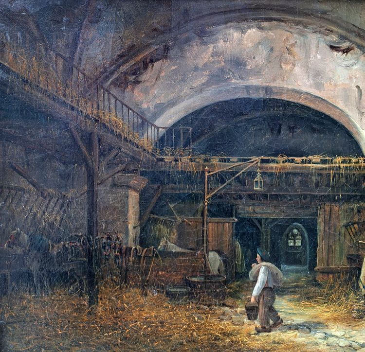 Eugène Ramade (1802-1890), Der junge Pferdepfleger im Stall, Öl