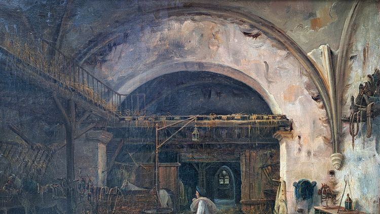 Eugène Ramade (1802-1890), Der junge Pferdepfleger im Stall, Öl