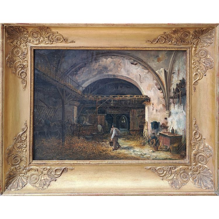 Eugène Ramade (1802-1890), Der junge Pferdepfleger im Stall, Öl
