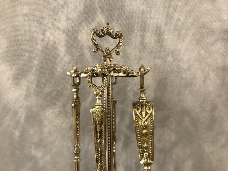 Antico set da camino in bronzo e ottone del XIX secolo 4 pezzi