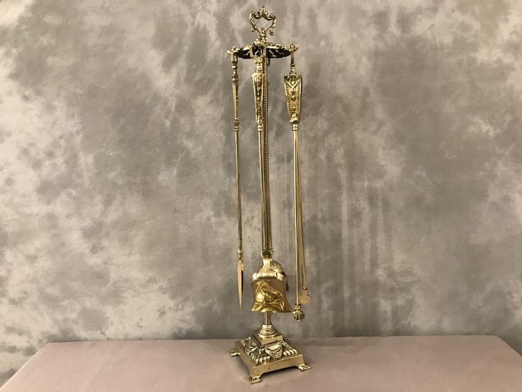 Antico set da camino in bronzo e ottone del XIX secolo 4 pezzi