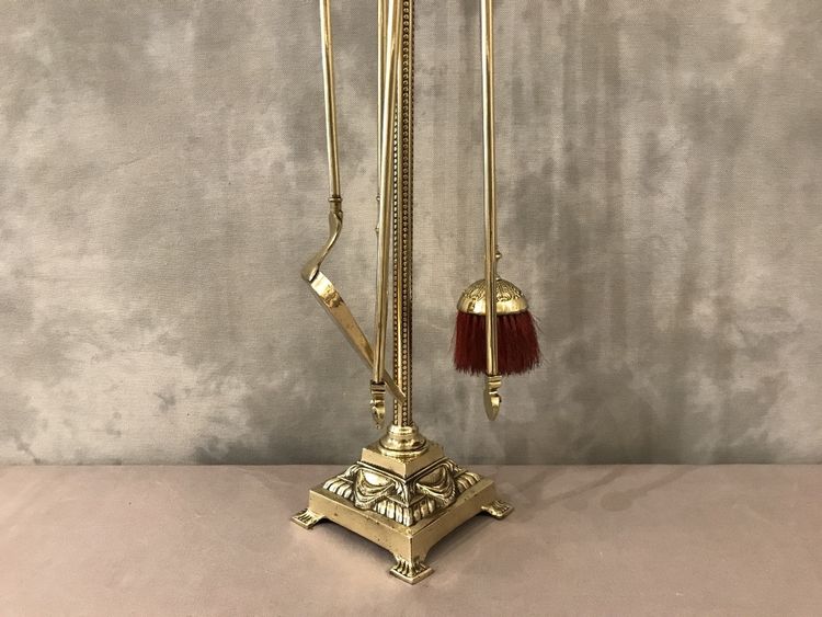 Antico set da camino in bronzo e ottone del XIX secolo 4 pezzi