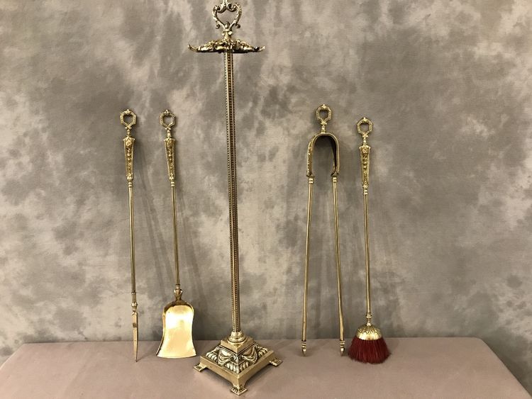 Antico set da camino in bronzo e ottone del XIX secolo 4 pezzi