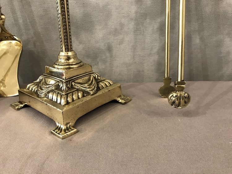 Antico set da camino in bronzo e ottone del XIX secolo 4 pezzi