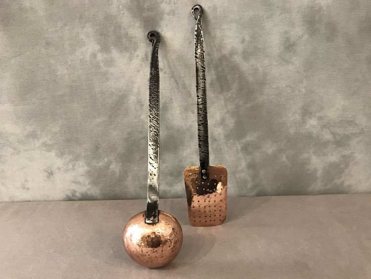 An 18th century copper ladle and skimmer