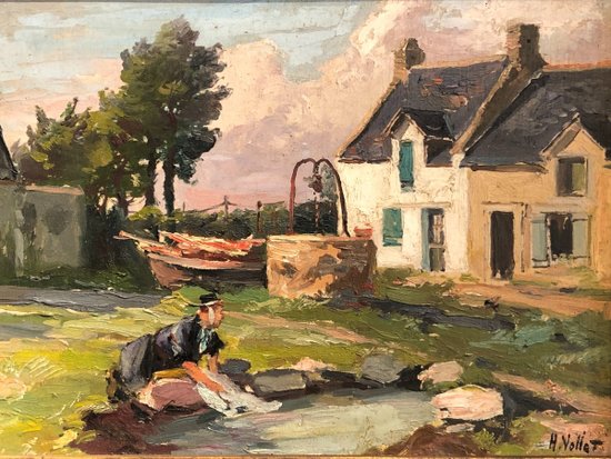 Bretagne Huile Sur Panneau Signée Henry (ou Henri) Vollet (1861 - 1945), Fin XIX / Début XXe Siècle : Scéne de vie bretonne.