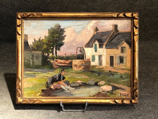 Bretagne Huile Sur Panneau Signée Henry (ou Henri) Vollet (1861 - 1945), Fin XIX / Début XXe Siècle : Scéne de vie bretonne.