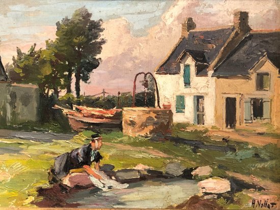 Bretagne Huile Sur Panneau Signée Henry (ou Henri) Vollet (1861 - 1945), Fin XIX / Début XXe Siècle : Scéne de vie bretonne.