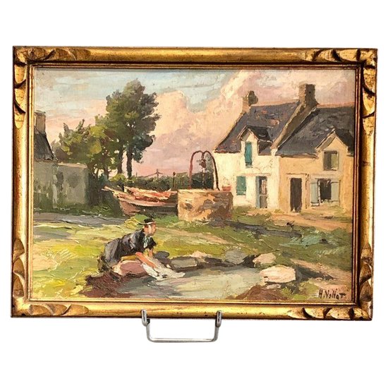Bretagne Huile Sur Panneau Signée Henry (ou Henri) Vollet (1861 - 1945), Fin XIX / Début XXe Siècle : Scéne de vie bretonne.