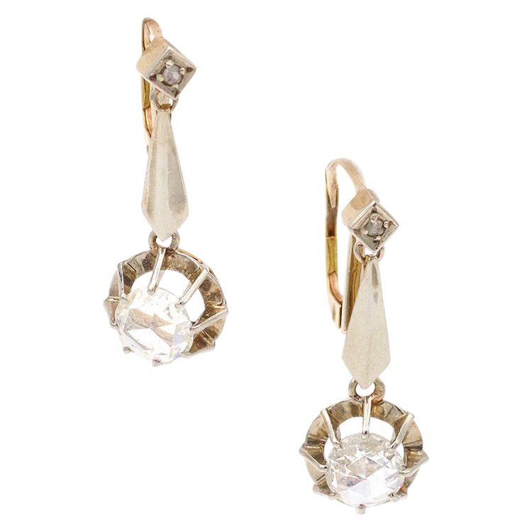 Dormeuses Art Deco diamants en or 18k et platine, taille rose hollandaise, 1,10ct, bijou ancien