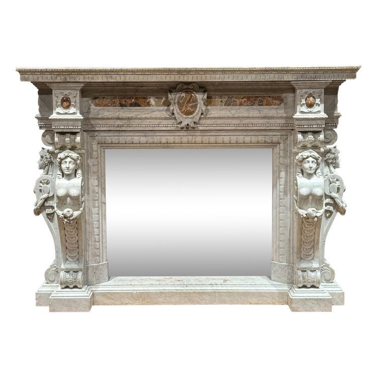 Fireplace carved in white marble and breccia inserts, second half of the 19th century