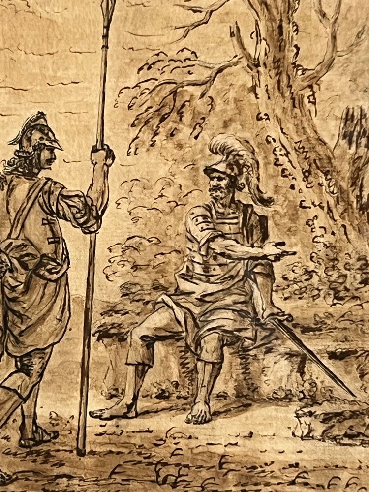 Roman Centurion at Rest, 18th century Italian school, Brown ink wash