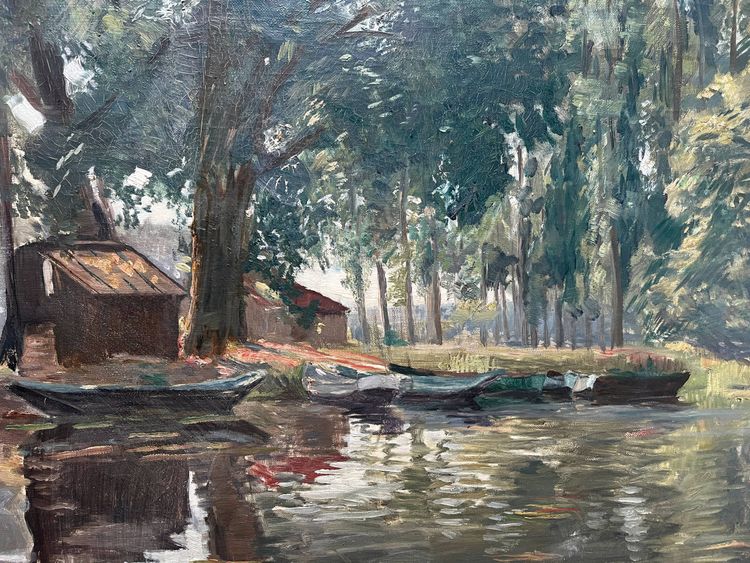 Painting HST "Bord de rivière" post impressionist 1904 signed J. Bedorez