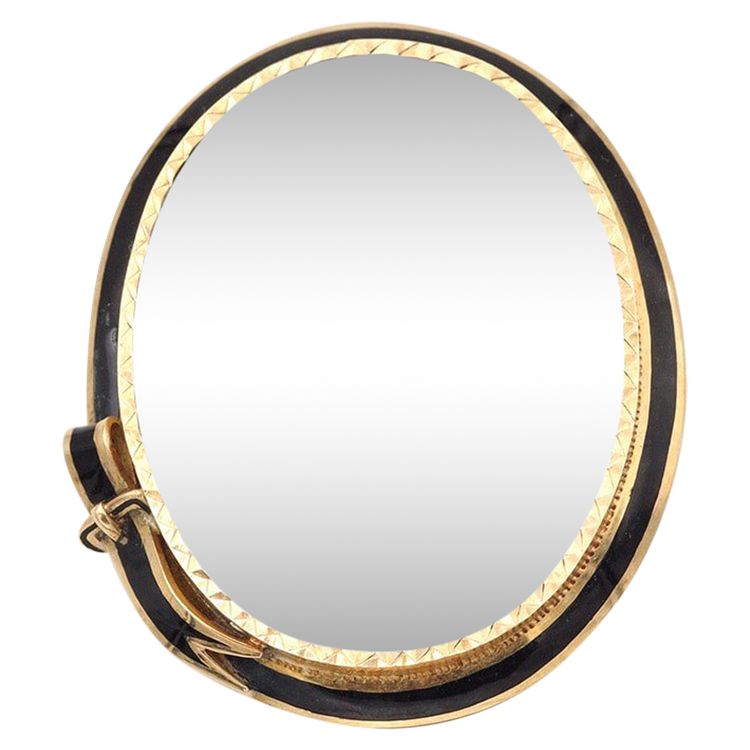 Erinnerungsgürtelbrosche aus 18k Gold, Erinnerungsbrosche, Fotohalter, schwarzes Emaille