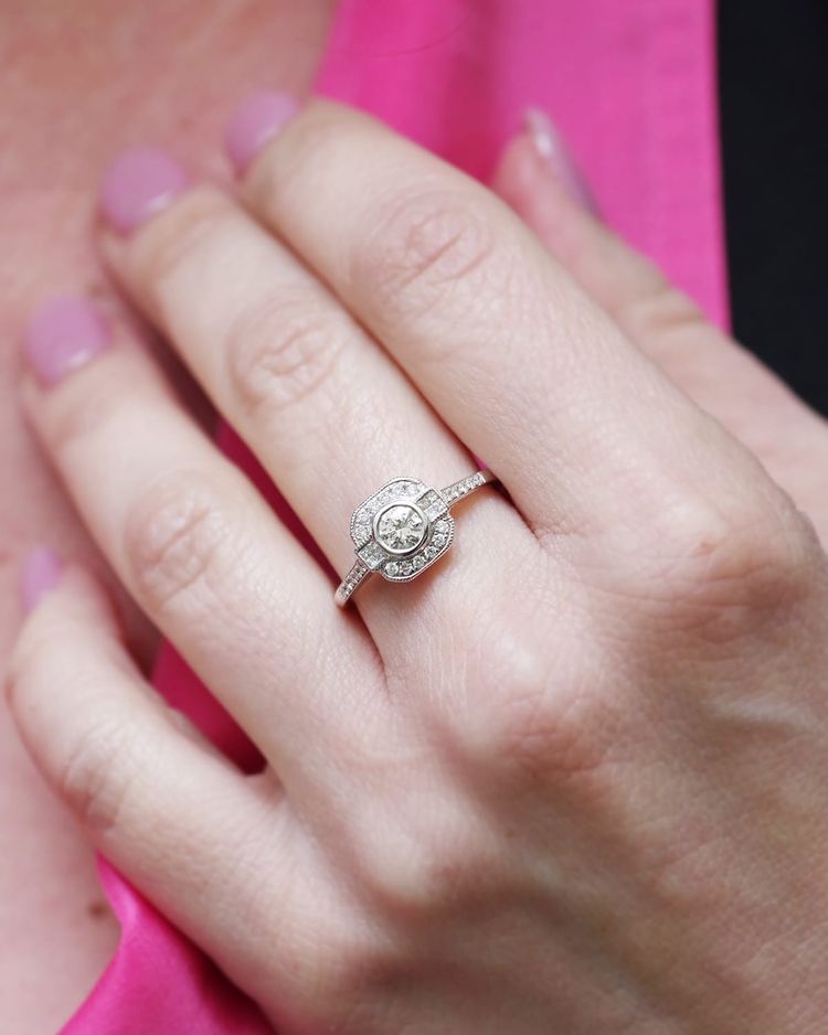 Anello con diamante in stile Art Déco da 0,25 carati in oro bianco 18 carati, anello di fidanzamento, matrimonio, diamanti