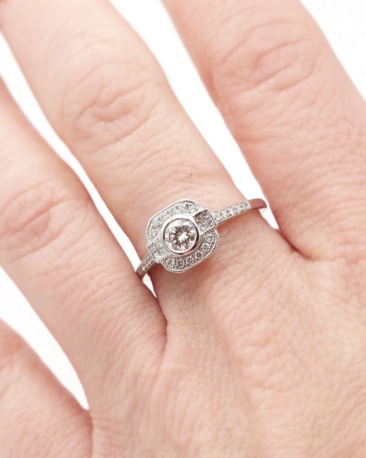 Anello con diamante in stile Art Déco da 0,25 carati in oro bianco 18 carati, anello di fidanzamento, matrimonio, diamanti