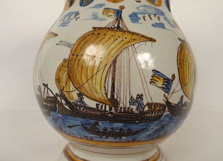 Pichet Trompeur Pot Surprise Faïence Nevers Train Bateaux Gabares 19th century