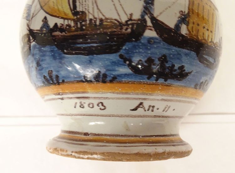 Pichet Trompeur Pot Surprise Faïence Nevers Train Bateaux Gabares 19th century
