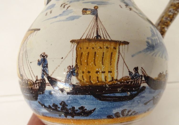 Pichet Trompeur Pot Surprise Faïence Nevers Train Bateaux Gabares 19th century