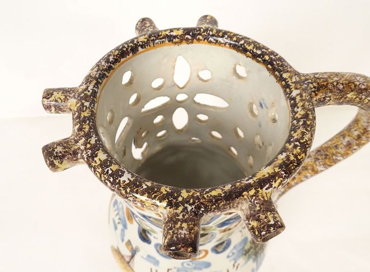 Pichet Trompeur Pot Surprise Faïence Nevers Train Bateaux Gabares 19th century