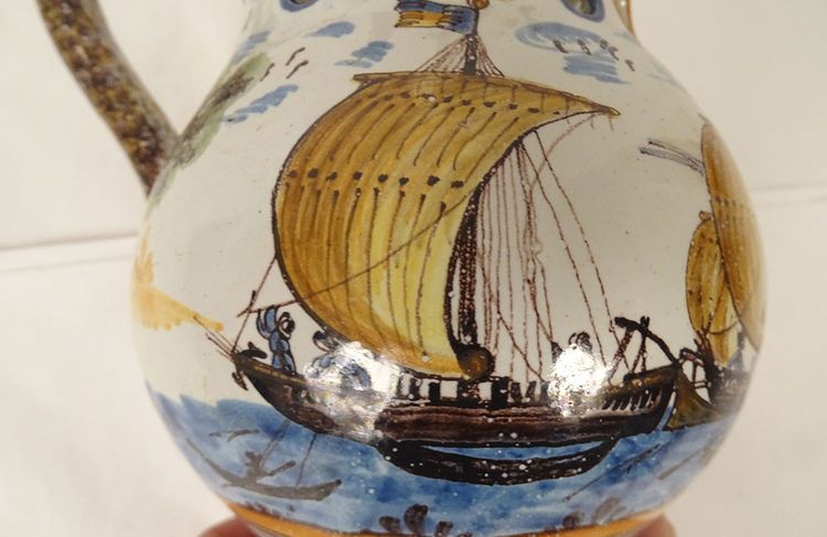 Pichet Trompeur Pot Surprise Faïence Nevers Train Bateaux Gabares 19th century