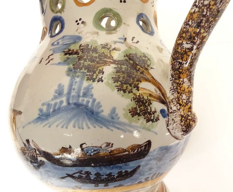 Pichet Trompeur Pot Surprise Faïence Nevers Train Bateaux Gabares 19th century