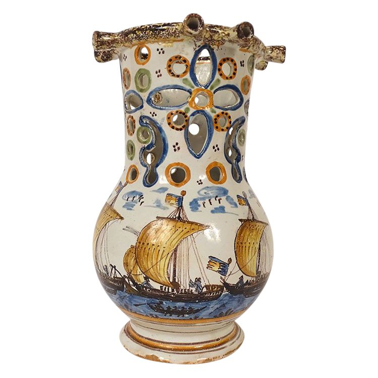 Pichet Trompeur Pot Surprise Faïence Nevers Train Bateaux Gabares 19th century