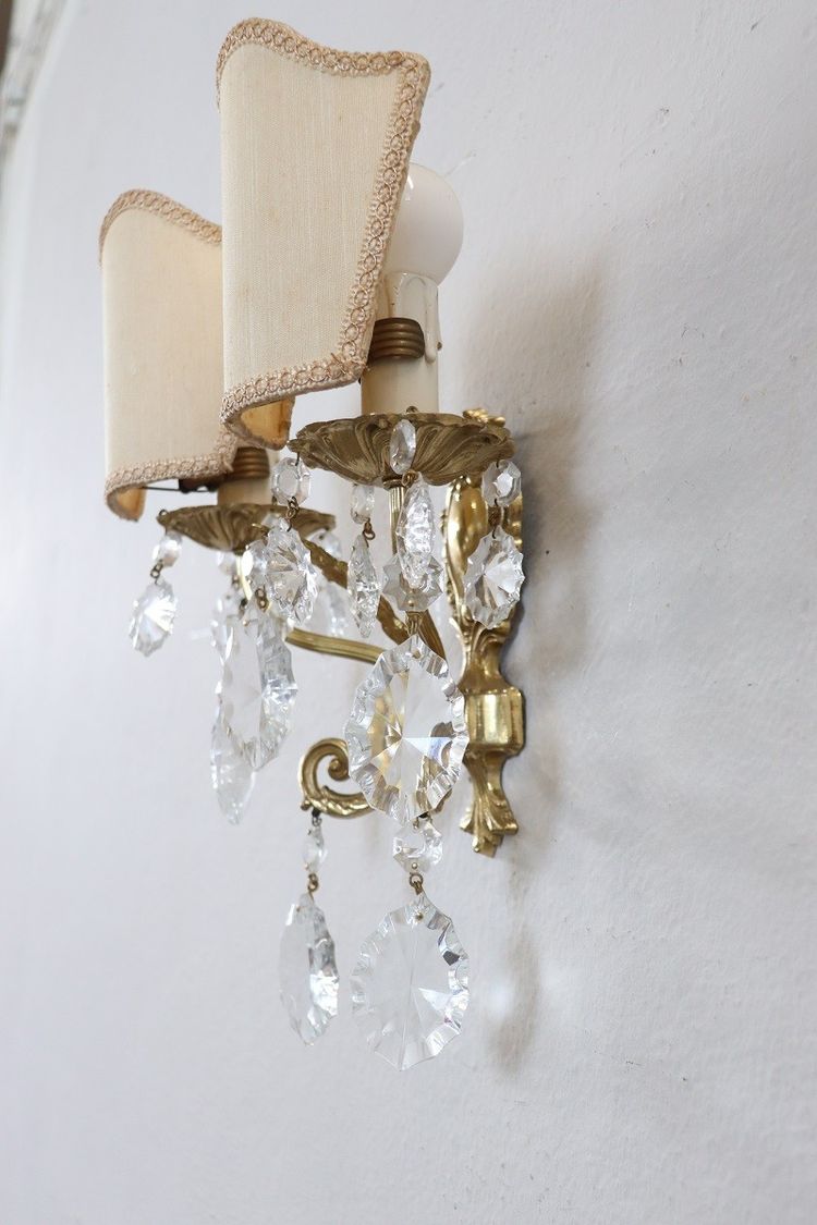 Sconces In Gilded Bronze And Crystal, 1980s, Set Of 2