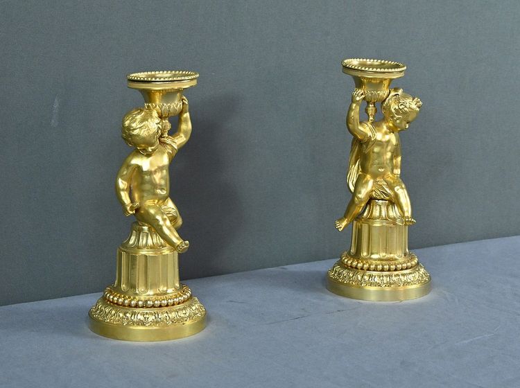 Pair of Gilded Bronze Candlesticks, Louis XVI - Mid-19th century