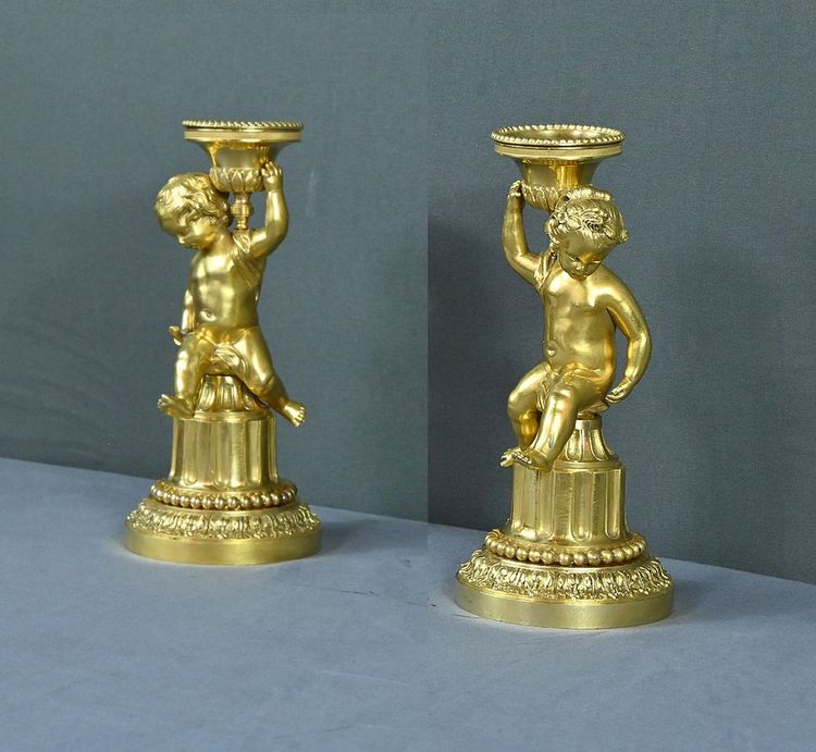 Pair of Gilded Bronze Candlesticks, Louis XVI - Mid-19th century