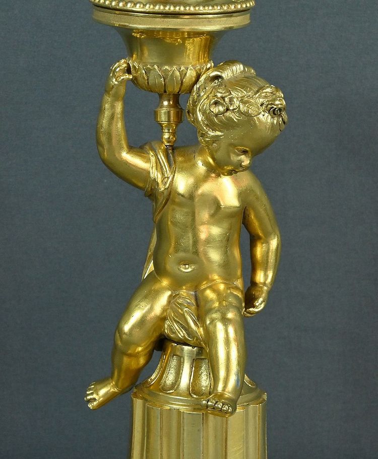 Pair of Gilded Bronze Candlesticks, Louis XVI - Mid-19th century