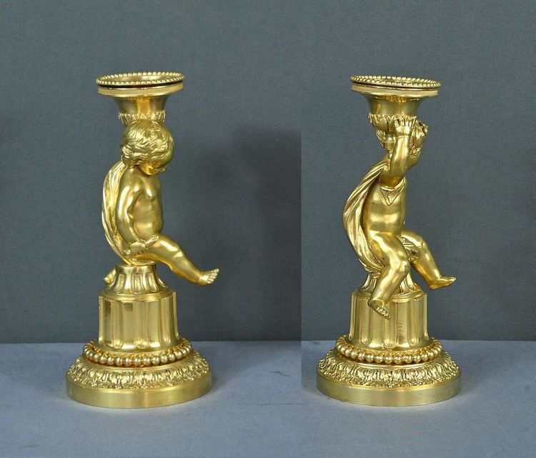 Pair of Gilded Bronze Candlesticks, Louis XVI - Mid-19th century