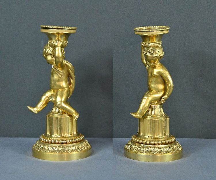 Pair of Gilded Bronze Candlesticks, Louis XVI - Mid-19th century