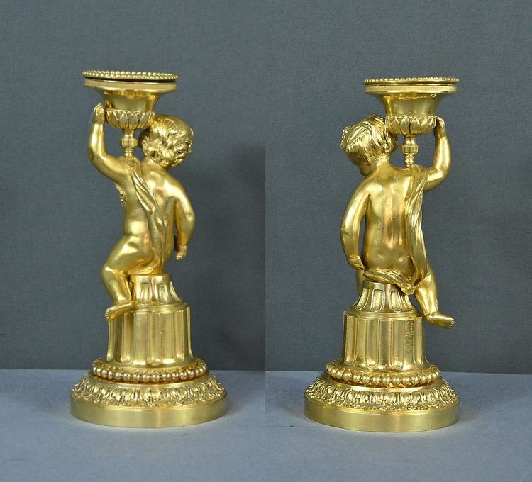 Pair of Gilded Bronze Candlesticks, Louis XVI - Mid-19th century